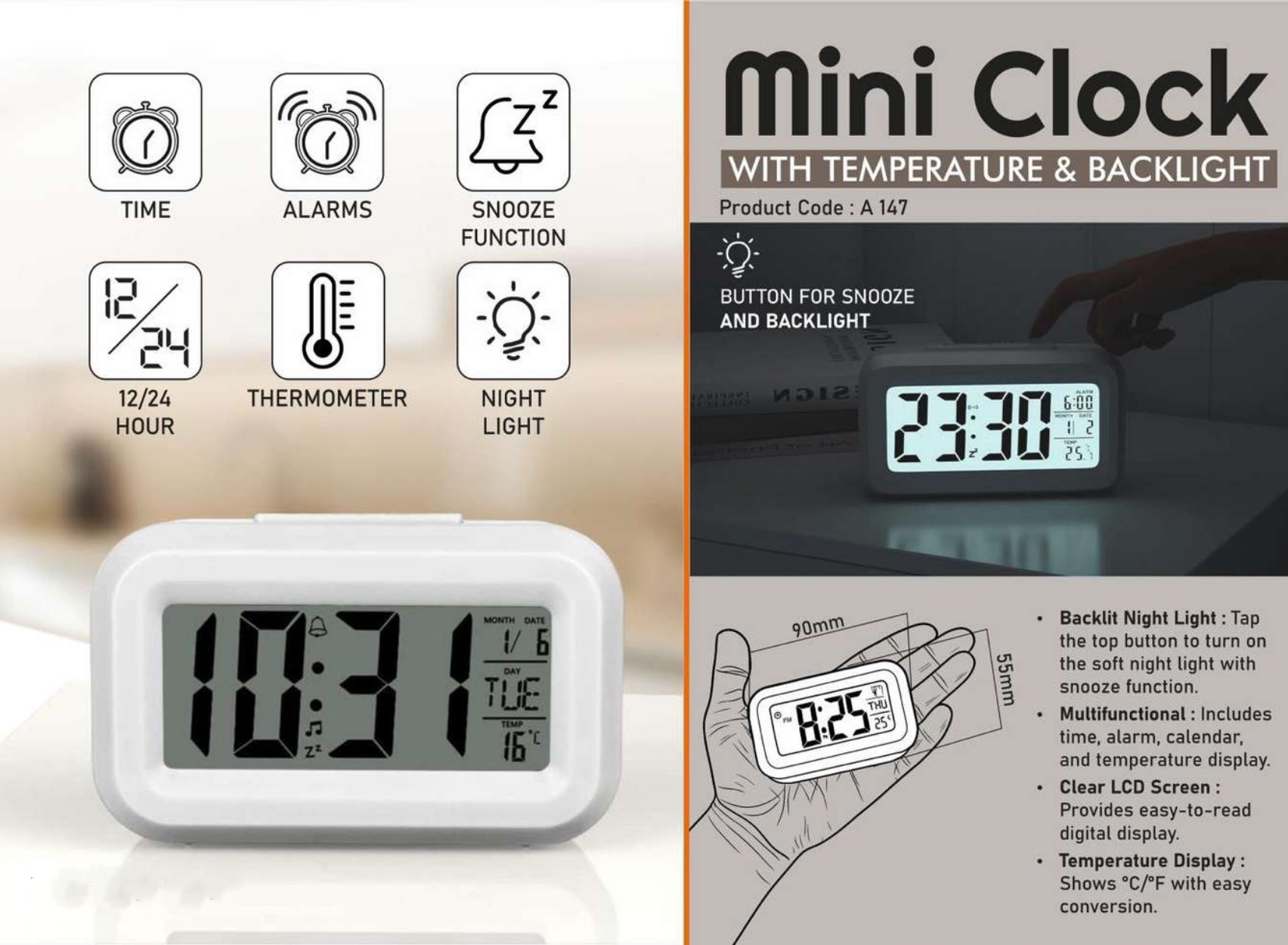 Mini Digital Clock with Temperature & Backlight